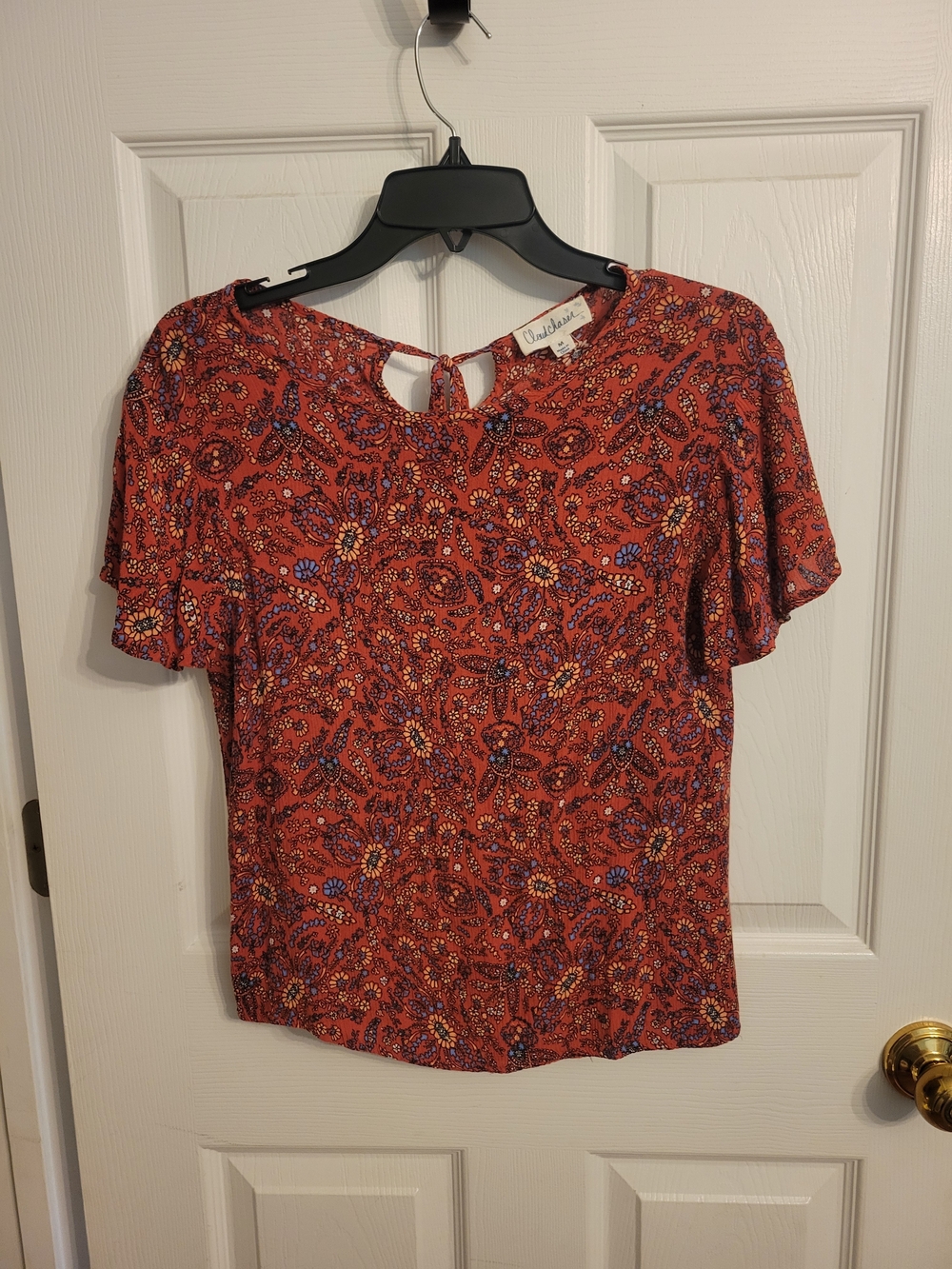 Cloud Chaser Rust Floral Short-Sleeve Keyhole Tie Blouse